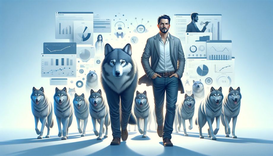 uomo con lupo guidano il branco